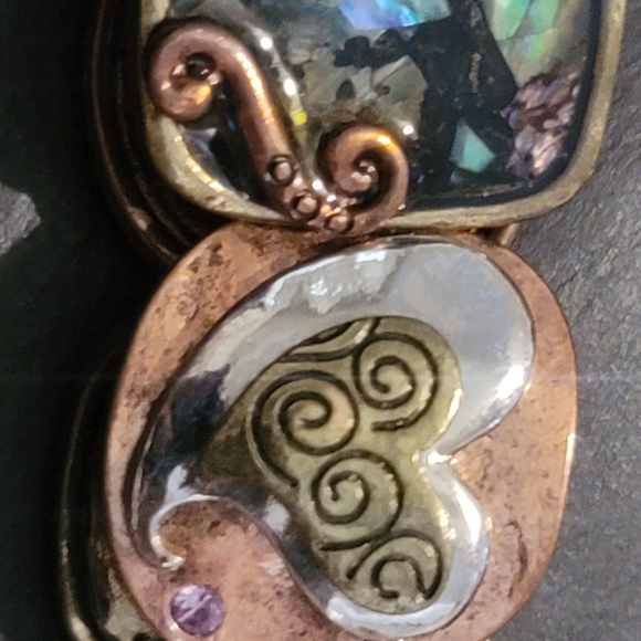 Vintage bracelets 2 copper tone metal abalone stretchy art noveau - Picture 13 of 14